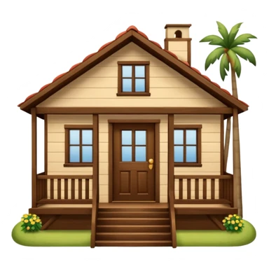 A wooden house typical of Puerto Rican rural neighborhoods, with a simple and cozy design featuring a central functional door, two symmetrical windows, a front porch with open railings, and space for a rocking chair. Emoji style, brown and wooden. sticker