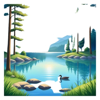 Cinematic Realistic Lake Emoji, Calm and reflective, with clear blue waters mirroring the surrounding landscape, framed by tall trees and grassy shores. The sunlight sparkles on the water’s surface while birds and animals play at the edge. Soft glowing outline, capturing the essence of peaceful serenity in a tranquil lake. sticker