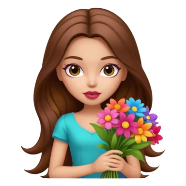 stylish pretty bratz baddie, long brown hair holding big bouet of flowers  sticker