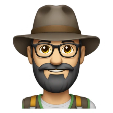 happy smile gardener face long dark beard and bald dark hair round glasses brown eyes and a hat sticker