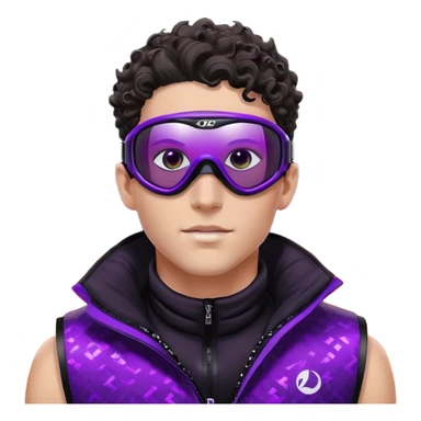 close-up of male athlete with white skin and moderately curly dark brown hair on top with shaved sides, wearing ski goggles with purple frames and very dark black lenses, a simple plain black chain necklace, and a completely unzipped sleeveless vest with purple and black sequin fire pattern design with no logo, frame centered on face and upper chest sticker