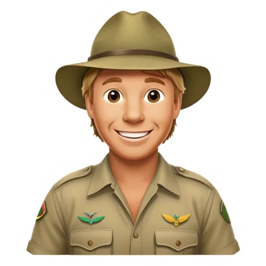 Cinematic Realistic Steve Irwin Portrait Emoji, depicted as a passionate wildlife expert in his signature khaki attire with an enthusiastic smile and a backdrop of the Australian outback, rendered with vibrant textures and dynamic natural lighting that captures his adventurous spirit. sticker
