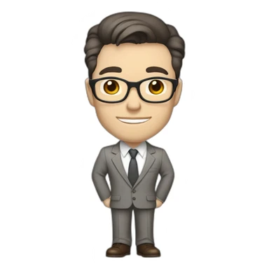Full height Pale skinned Fit Man With dark brown hair in classic gray suit, beige office shirt, dark gray tie, and vintage glasses. His right hand is directed up sticker