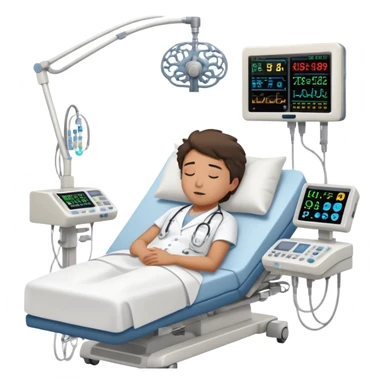 Hospital room with sleep study setup, hospital bed with sleeping patient, doctor in white coat, EEG machine, brain wave monitors, and hospital equipment sticker