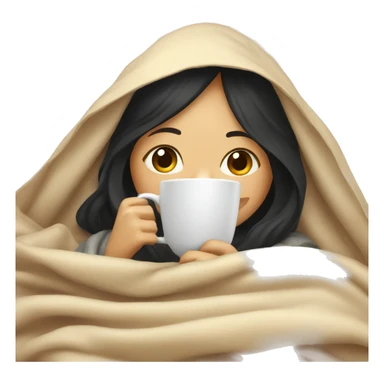 Asian girl inside a blanket sipping coffee eyes closed black hair sticker