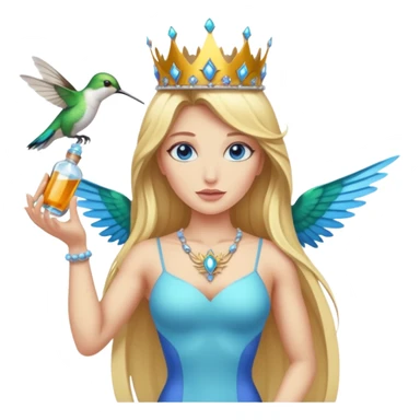 full body woman long blonde hair blue eyes white skin muscular build hummingbird crown and nectar flask sticker