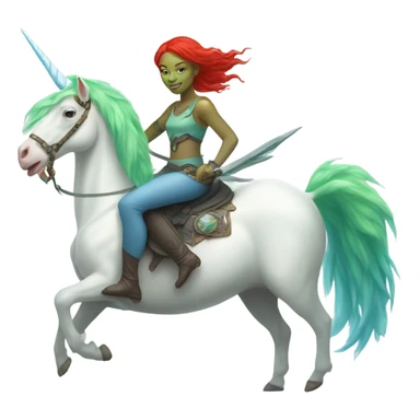 [(a light green Amazon alien woman with red hair with blue eyes) on a (four-legged white unicorn)] sticker