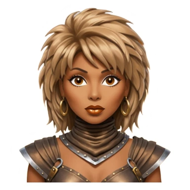 Solarpunk solar aesthetic shiny glowing divine lighting - portrait of Tina Turner in costume from the movie Mad Max Beyond Thunderdome, dramatic backlit by bronze spotlights sticker