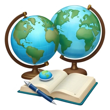 Create an emoji representing language translation. The design should feature a globe in the background, symbolizing international communication. In front of the globe, place two books or sheets of paper with texs on them and a pen nearby to indicate the act of writing. Use a clean and professional color palette with blues, greens, and neutral tones. Make the background transparent. sticker
