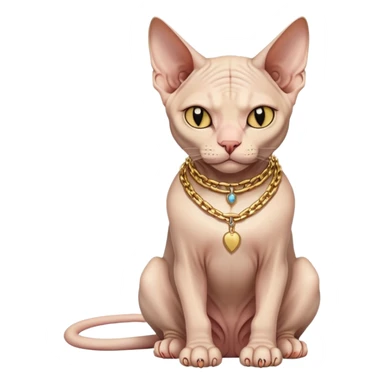 Sphynx cat full body sitting with a gold chain, one eye closed sticker