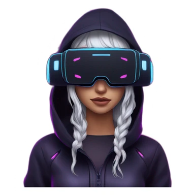 Daenerys Targaryen wearing a black hoodie with "OMG" letters on it and VR headset in a cyberpunk VR environment with violet neon lighting. sticker