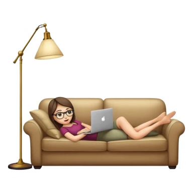A girl is working with a laptop while lying on a sofa, with a floor lamp to the right. sticker