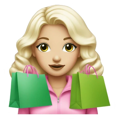 cute platinum blonde with green eyes surrounded by pink shopping bags sticker