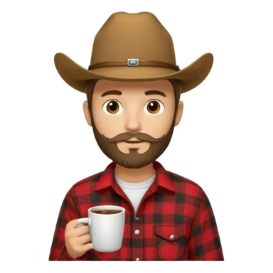 generate an ios genmoji of a 20 year old tan boy with a cowboy hat and side burn beard. Wearing a flannel and carrying a coffee mug sticker