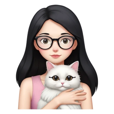 Skinny woman with oval glasses, long straight black hair, pink cheek blush, wearing white sleeveless top, hugging a grey Persian-Angora cat, plain background sticker