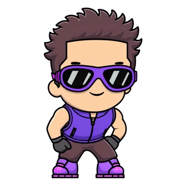 close-up of bad guy male athlete with white skin and moderately curly dark brown hair on top with shaved sides, wearing ski goggles with purple frames and very dark black lenses, a simple plain black chain necklace, and a completely unzipped sleeveless vest with purple and black sequin fire pattern design with no logo, with an extremely arrogant expression sticking his tongue out mockingly, looking menacing and villainous sticker