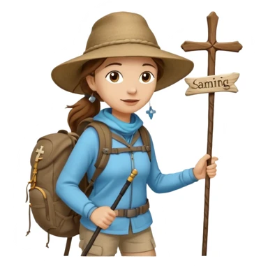 Middle aged women, long brown hair in ponytail with wide brim hiking hat. Walking with backpack and trekking poles. Backpack gas a scallop shell with the cross of saint james hanging from it. She is a pilgrim on the Camino Frances on her way to Santiago de Compostela sticker