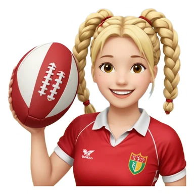 Chica de pelo rubio tirada en el suelo boca abajo agarrando un balón DE RUGBY con las manos vestida con una equipación de color rojo y blanco con líneas y con unas botas de tacos de fútbol, con un bucal en la boca y el pelo con trenzas, se la tienen que ver las 2 piernas y que sonría  sticker