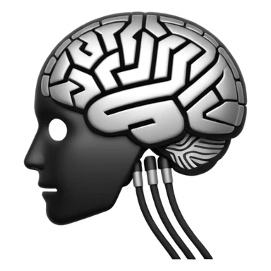 Futuristic AI brain emoji, simplified brain silhouette, metallic black and white, glowing neural lines inside, flat vector design, minimal clean style

 sticker
