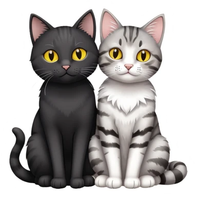 black cat with yellow eyes sitting next to gray tabby cat cuddling with a heart above sticker