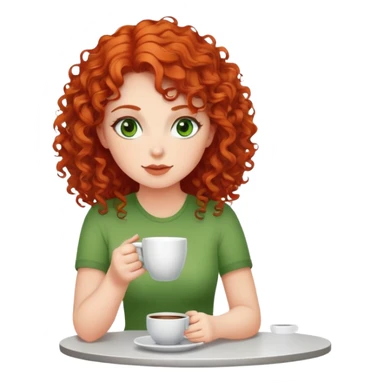 Зеленоглазая кудрявая рыжеволосая девушка слегка полная сидит пьет кофе  sticker
