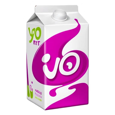 Create a 1:1 image in the style of a realistic 3D icon. The subject is a milk carton on a white background, but instead of milk, it contains yogurt. The carton is colored magenta and bright lime, with an abstract design resembling swirling, mixed liquids. On the front face of the carton, the word 'YO GU RT' is written vertically in syllables using a flat, square-shaped font in white. The letters cover approximately 97% of the front surface. The cap is white. Bright lighting falls on the carton. Close-up shot. The focus is on the carton. sticker