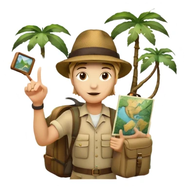 Icon for Travel Documentary: A vintage TV-style design with a traveler pointing backward, telling a story in the jungle. Include lush greenery, exotic animals, and a backpack. The traveler should be wearing a hat and holding a map. Retro, informative TV style. Transparent background. sticker