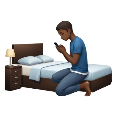 A Gen Z young person kneeling beside bed in bedroom at night praying, smartphone on nightstand, wearing casual clothes, dim lighting, posters on wall sticker
