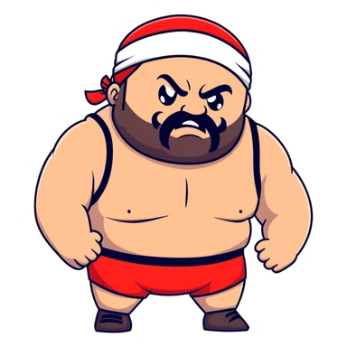 Close-up of extremely fat white skin guy with young face, beard and mustache, no muscle with prominent black durag, black eyes in a red and black wrestling singlet with angry face sticker