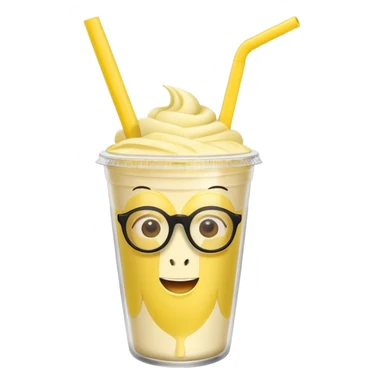 banana milkshake in a take-out cup with glassess and long lashes and banana on top sticker