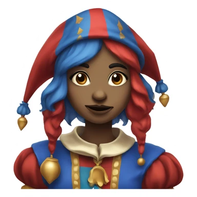 Pomni a female jester with red and blue jester clothes with a sad face sticker