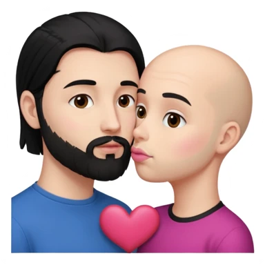 👩🏻‍❤️‍💋‍👨🏻 this one but the man should be bald. white woman with long black hair and white bald young man whoitiut hair and a heart between their heads. she has pink lips and both have brown eyes. he has e full beard but short. sticker