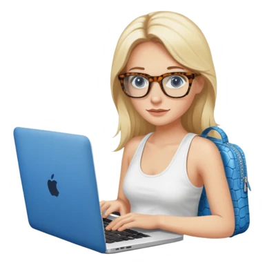 long blonde hair woman blue eyes with tortoise shell print glasses wearing white tank top on mac book with a white crocodile patterns laptop case  sticker