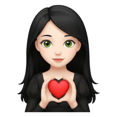Pale girl with long black hair and olive green eyes soft smile wearing black dress and holding a heart sticker