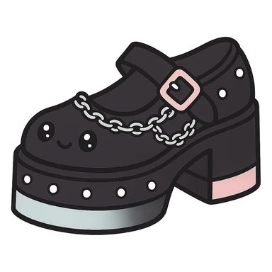 Add silver studs and chains to the primarily black kawaii gothic shoes with pink and pastel accents, no socks, no hearts, transparent background sticker