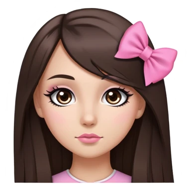 pretty bratz baddie, long straight hair brunette baddie with eyeliner and brown eyes and small pink bow sticker