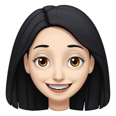 woman with gray skin and black hair and a creepy face with white eyes and a droopy smile sticker
