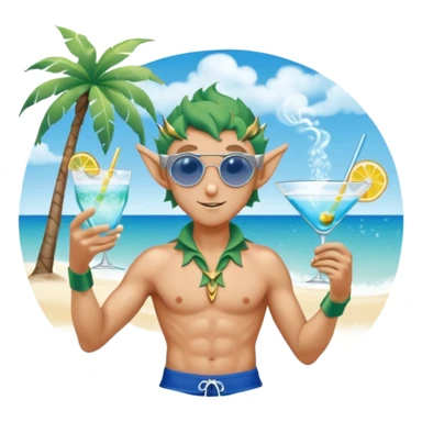elf male in stylish blue swim trunks, palm extended over cocktail glass, conjuring swirling frost and mist to chill it, silver aviator sunglasses, pointy ears, confident smirk, minimalist beach bar backdrop, centered emoji, summer magic sticker