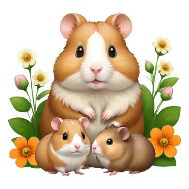 Icon for Hamster and Guinea Pig: A portrait-style collage with a fluffy hamster with soft fur, looking curious, and a friendly guinea pig with long, smooth fur, both on a soft green background with flowers and soft light. Transparent background. sticker