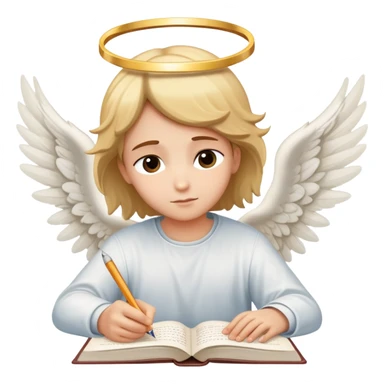 Person writing essay with "Dear God" with halo and angel wings sticker