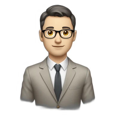 Full height Pale skinned Fit Man With dark brown hair in classic gray suit, beige office shirt, dark gray tie, and vintage glasses. His right hand is directed up sticker