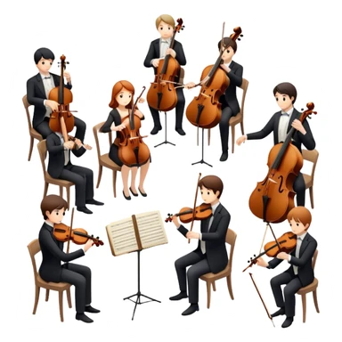 Icon for Classical Music: chamber orchestra with 4-5 musicians playing string instruments (violins, violas, cellos) and a conductor leading the ensemble. The intimate, refined atmosphere. Transparent background. sticker