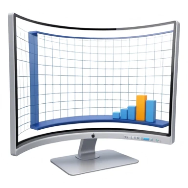 Create an emoji for 3D visualization and modeling. Show a 3D object like room model with grid lines on a big curved monitor. and a modeling tool (e.g., a mouse or stylus). Use modern, professional colors. Do not include any emojis or smiley faces. Make the background transparent. sticker
