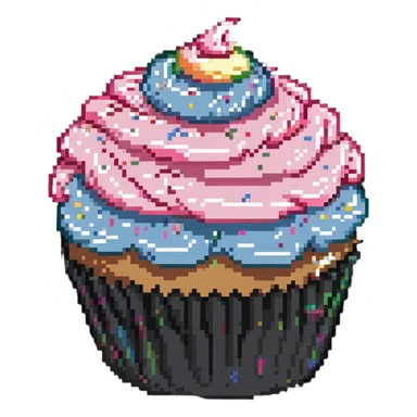 large cupcake with pink frosting and rainbow sprinkles in pixel art style sticker