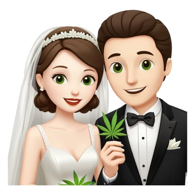 Bride in white dress and groom in tuxedo sharing a cannabis joint, cheerful cartoon wedding couple sticker