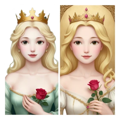 Cinematic Realistic Sleeping Beauty (Aurora) Portrait, with porcelain-like skin featuring a natural rosy flush, illuminated by soft lighting that highlights the gentle contours of her face. Her golden blonde hair flows in soft, detailed waves with subtle highlights that shimmer in the light. Her deep violet-blue eyes radiate warmth and innocence, framed by arched brows and long lashes. With a soft, serene smile, she holds a delicate rose gently in one hand, her other hand resting lightly by her side. She is dressed in her classic pink gown, the fabric rich in texture with delicate folds that catch the light. A golden crown rests atop her head, gleaming with royal refinement. The portrait captures a soft, glowing aura, blending realism with an ethereal sense of beauty and timeless enchantment. sticker