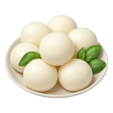 cluster of small smooth mozzarella balls, soft white color, slightly glossy surface, round uniform tender, fresh milky texture, no bowl garnish or liquid, soft lighting, subtle shadows, emoji scale sticker