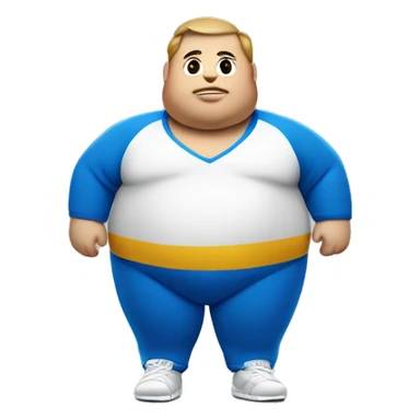 fat man in blue sweatsuit with white stripe down center using apple vision pro sticker