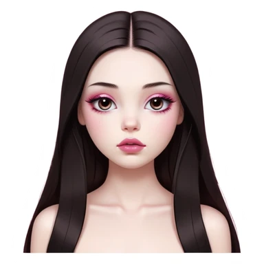girl with white skin, dark brown long realistic straight hair with middle part prominently falling in front of her body over her shoulders, very big pouty extremely glossy ultra-shiny lips with nude reddish-pink lip gloss and absolutely no cupid's bow, big round eyes with very black shiny eyeballs and huge eyelashes, no eyeshadow, pink blush on cheeks, lighter button nose, exceptionally elongated very long oval-shaped face, wearing a pink off-shoulder top, looking directly at camera with hands down at sides sticker