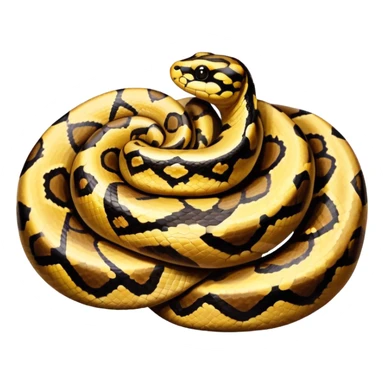 A photo-realistic top-down view of a Ball Python gently coiled into a tight spiral, with its head resting peacefully at the center. The pattern flows smoothly around the curves of its body, emphasizing its natural camouflage and calm demeanor. sticker